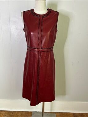 GUCCI Lambskin Leather Faux Garnet Studded MIDI Dress IT 40